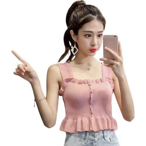 Womens Sexy Tank Top Solid Color Sleeveless Crop Tops Summer Lace Up Vest Ladies Backless Casual Knitted Ruffles Tank Top 2021