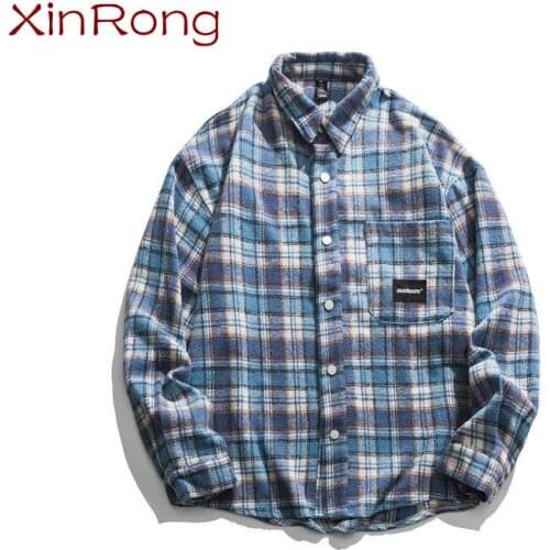 2021 spring new mens plaid personality shirt Japanese fashion campus art style back letter printing male casual all-match shirt
