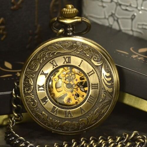 TIEDAN Bronze Steampunk Skeleton Mechanical Pocket Watches Men Antique Luxury Brand Necklace Pocket & Fob Watch Chain