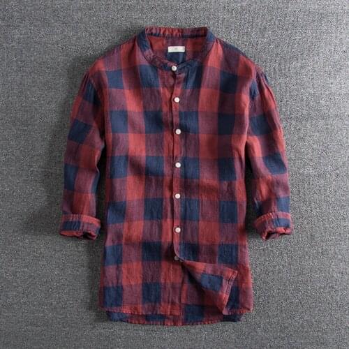 2021 New Mens Autumn Europe And America Style Linen Cotton Collar Half Sleeve Slim Fit Plaid Male Casual Classical Shirt Cloth