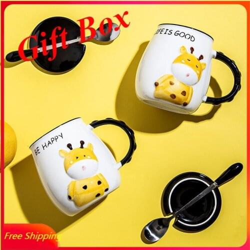 Girl Student Creative Ceramic Cup Cute Household Mug with Lid Spoon Cartoon Water Tazas Couple Coffee Cup Kawaii Mug Gift Box