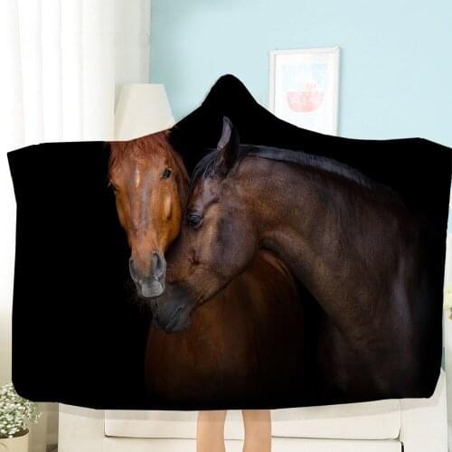 Horse Quilt Cover Single Double Size Hooded Blanket For Kids Adults 3D Printing Wearable Blanket Black Blue Picnic Bedding