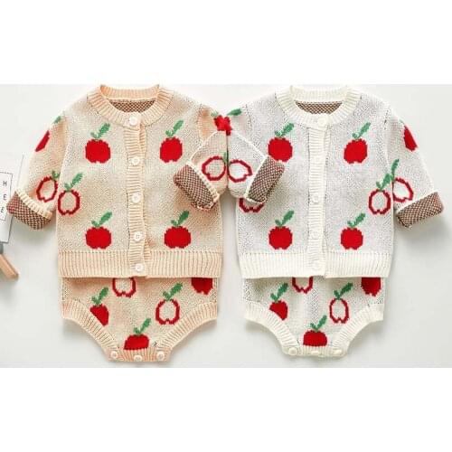 Autumn Baby Girls Sweater Suits Apple Print Coat + Jumpsuit New Baby Knitted Bodysuit Baby Girl Clothes Kids Knitted Set