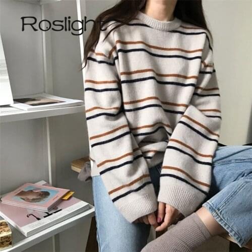 Autumn Pullovers Women Sweater Jumper O-Neck Knitted Sweaters Chic Daily Tops Pullover Student Striped Harajuku Knitted Outwear