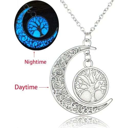 Silver Color Tree of Life Crescent Moon Pendant Necklace Luminous Stone For Women Glow In The Dark Jewelry Gift