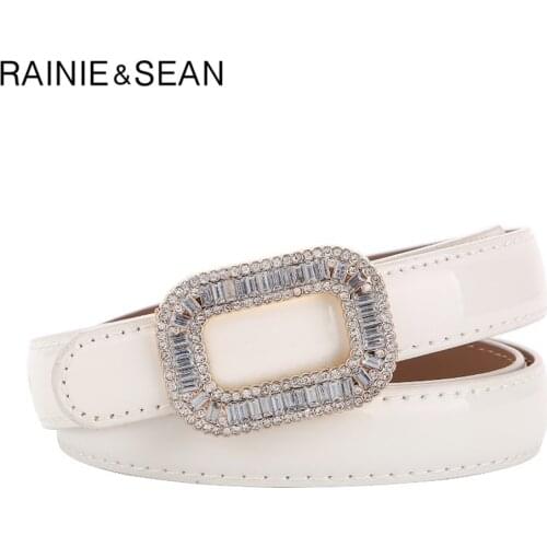 RAINIE SEAN White Patent Leather Women Belt Rhinestone Buckle Waist Belt Thin Ladies Belts for Dress Fashion Brand Accessories