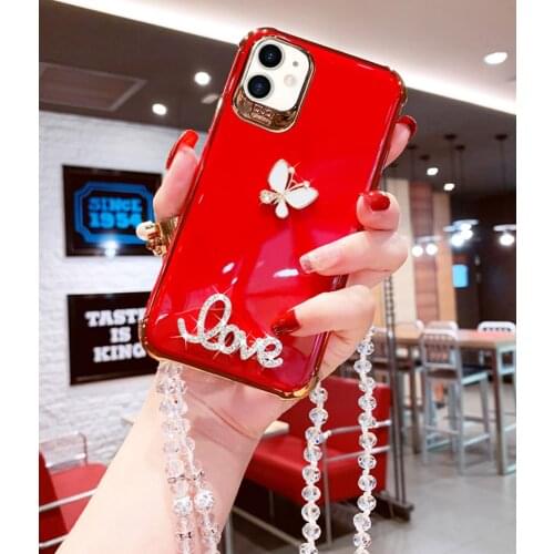 Luxury 3D diamond Butterfly+Crystal lanyard Phone Case For iPhone 11 Pro Max XR XS Max 6s 6 7 8 Plus SE Electroplate soft Cover