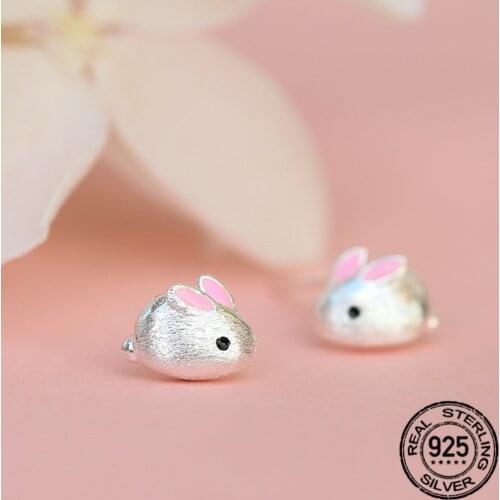 S925 Silver Pink Bunny Earrings For Women Cute Korean Fashion Trend High Quality GIrl Daily Party Friendship Gift Jewelry INEFFA