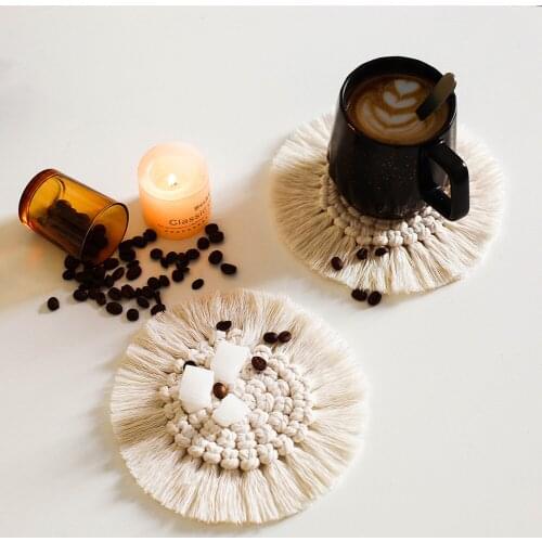 Placemats Table Padding Cup Mats Non-Slip Insulation Macrame Cup Pad Cotton Braid Mug Mats for Restaurant Kitchen