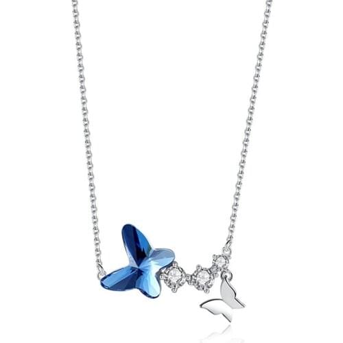 Sterling Silver Necklace Butterfly Pendant Crystal Light Luxury Necklace Women 925 Sterling Silver Jewelry Ruby Pendant