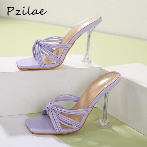 Pzilae New Summer Women Slippers Fashion Square Toe Clear Crystal Heel Mules Sandals Sexy High Heels Slides Ladies Rome Shoes