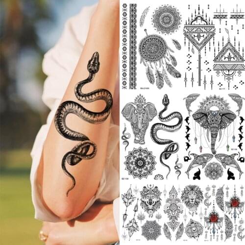 Snake Elephant Mandala Henna Temporary Tattoos For Women Girls Realistic Wolf Lion Feather Rose Fake Tattoo Sticker Arm Tatoos