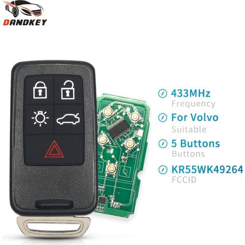 Dandkey Smart Remote Car Key for Volvo XC60 S60 S60L V40 V60 S80 XC70 KYDZ 5 Buttons 433Mhz ID46/7953 Chip KR55WK49264