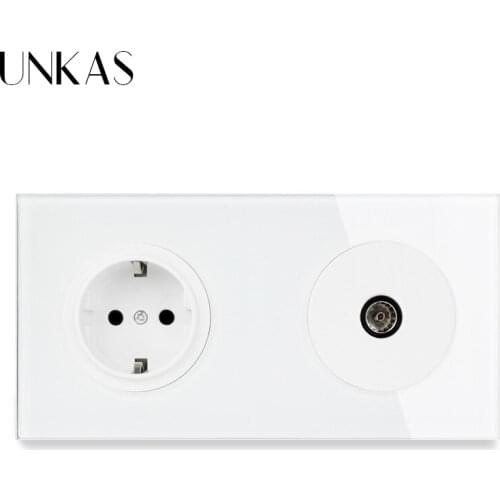 UNKAS 2 Gang Crystal Tempered Pure Glass Panel EU Standard Wall Socket + Female TV Connector 172*86mm