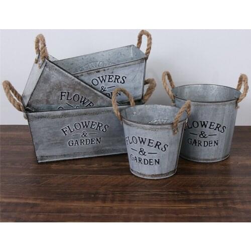 Vintage Plant Metal Container Rustic Bucket Flower Pot with Twine Handles Vintage Watering Pot Home Decor Planting Gardening