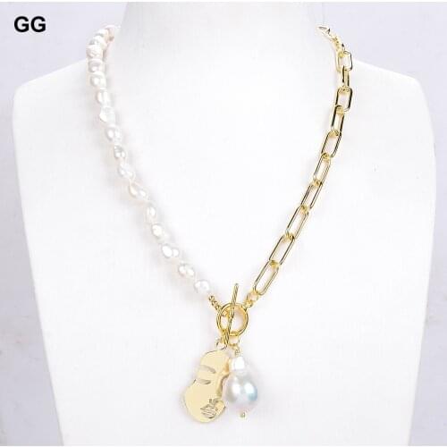 GuaiGuai Jewelry Vintage Baroque Irregular Pearl Chain Necklace Geometric Aangel Pendant Love Necklaces For Women