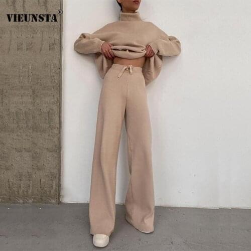 Women Solid Warm Knitted Autumn Suits Fashion Turtleneck Pullover Tops and Drawstring Pants Set Winter Slim Office 2pcs Outfits