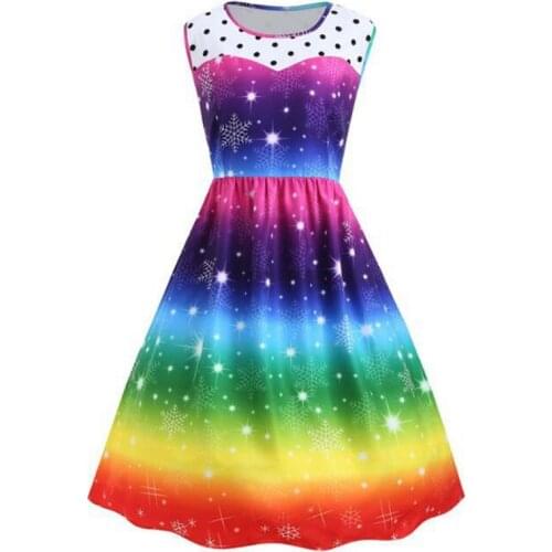 Women Colorful Pattern Printing Christmas Dress, Dot Bright Vintage Sleeveless Rainbow Print Party Swing Gown