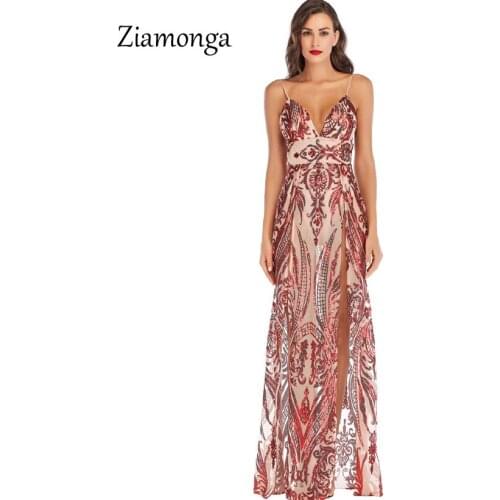 Ziamonga Mesh Spaghetti Strap Maxi Dress Women Sequined Dresses Sexy Sleeveless High Split Bodycon Luxury Party Dresses Vestidos
