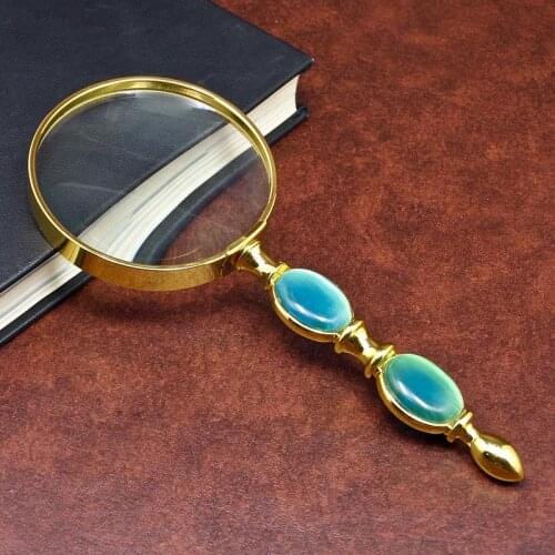 Golden Handheld Magnifier 8X Metal Double Jade Handle Newspaper Reading Jewelry Appraisal Gift Magnifing Glass for The Elderly