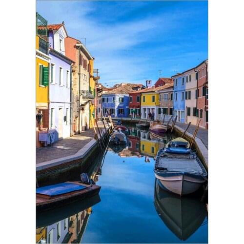 Round full diamond 5d landscape diamond painting blue sky house boat DIY diamond embroidery kit home decoration ornaments