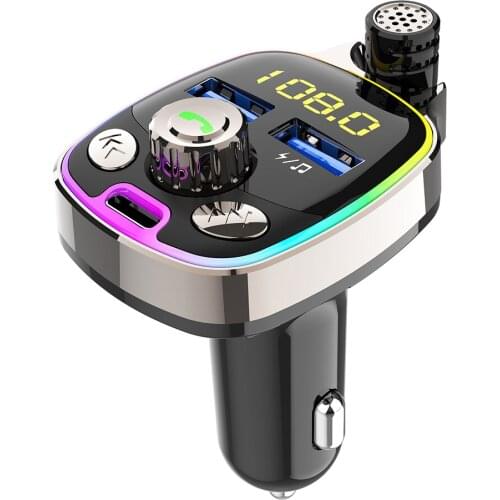 Car FM Transmitter 7-Color LED Backlit Hands TF USB Flash Drive MP3 Player USB Car Charger with External Microphone