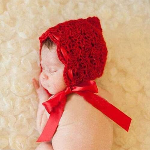 Baby Hat Red Crochet Pixie Beanie Hat Silk Ribbon Newborn Photography Prop Hat Knitted Baby Girl Hat Outfits H163