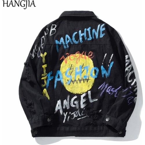 Graffiti Smiley Face Denim Jacket Outwear Ins Fashion Streetwear Loose Casual Wash Hole Jean Jackets Black Autumn Men Clothes