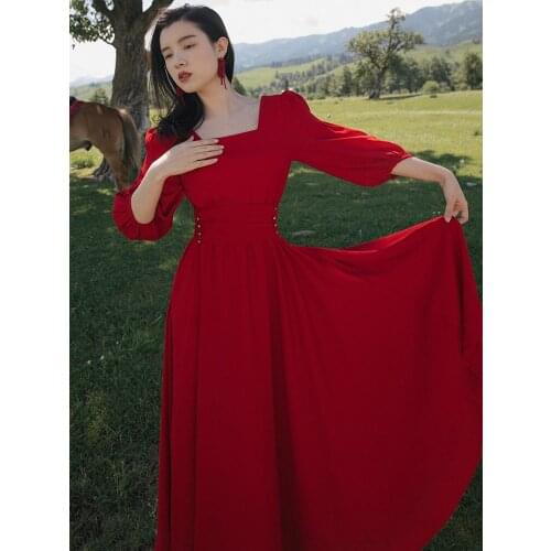 Elegant And Generous Robe Femme Retro Puff Sleeve Dress Summer Vacation Style Red Maxi Dress Vestido de mujer