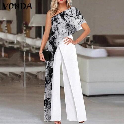 Elegant Long Jumpsuits 2021 VONDA Summer Women Short Sleeve One Shoulder Wide Leg Overalls Dungarees Palazzo Loose OL Playsuits