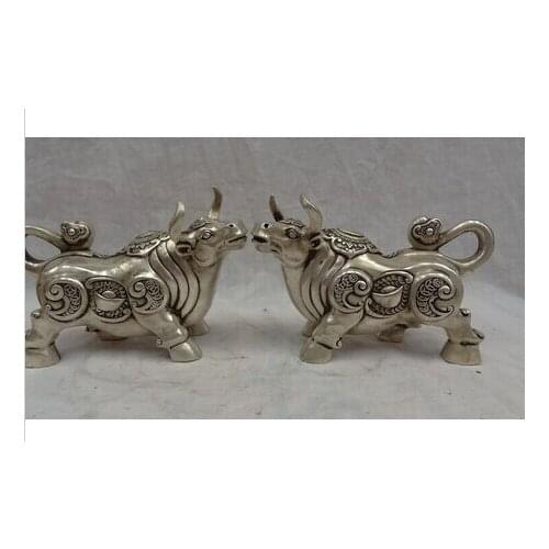 Folk Silver feng shui chino YuanBao riqueza Bull Ox estatua par Brass animales decoration bronze factory outlets