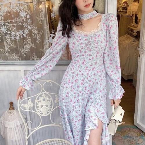 French Vintage Floral Dress Women Elegant Sweet Chic Chiffon Party Midi Dress Female Designer Holiday Beach Korean Dress 2021