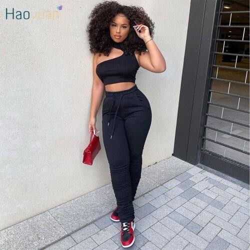 HAOYUAN Summer 2 Piece Tracksuit Outfits Sleeveless Crop Top Stacked Sweatpants Lounge Set Women Clothing Sexy Club Matching Set