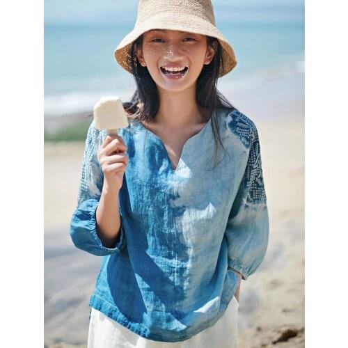 2021 summer wear new hand-made blue dyed Linen Shirt literature and art embroidery loose comfortable top 2021045