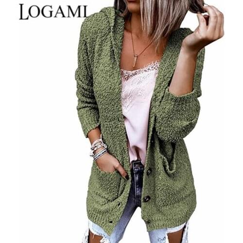 LOGAMI 2021 Autumn and Winter Single Button Hooded Sweater Cardigan New Fleece Sweater Womens Soft Jacket