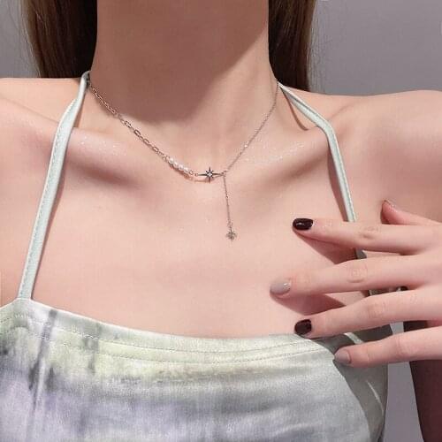 Metal six-pointed star simple clavicle chain female Korean cold style tassel titanium steel necklace temperament niche pendant