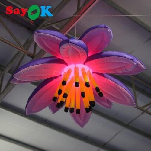1m Dia Inflatable LED Hanging Flower Inflatable Purple Flower with 16 Colors Changing Light for Event Showing Stage Decoration