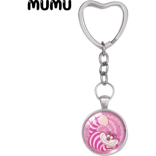 2021 New Alice in Wonderland Heart Keyring Cheshire Cat Keychain Glass Dome Cabochon Jewelry Gifts Children