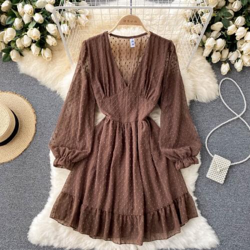2021 New Autumn Clothes Vestidos Female V-neck Long-sleeved Holiday Style Thin Sweet Water Jade Wave Dot Mini Dress DF257