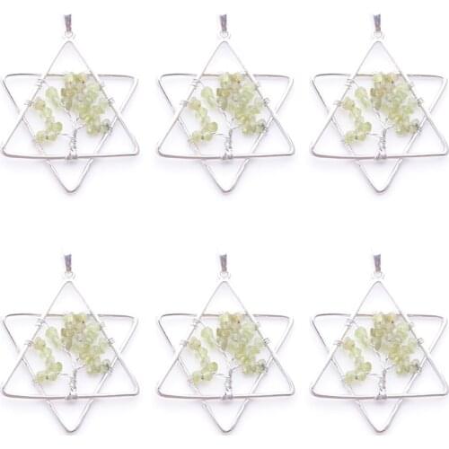 Wholesale 6Pcs Tree of Life Pendants Natural Gem Chips Stone Olivine Chakra Reiki Five Pointed Star Metal Merkaba Jewelry QN3808