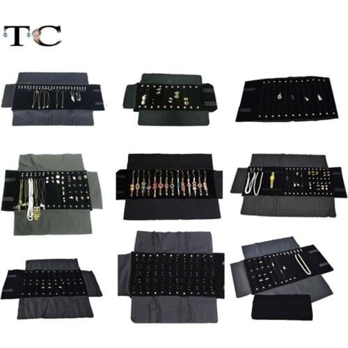 Wholesale Jewelry Roll Bag Portable Carring Case Black Velvet Organizer Multi Functional Necklace Rings Earrings Storage Box