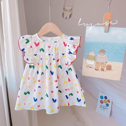 Girls dress 2021 summer new childrens Korean style cotton clothing baby love flying sleeves toddler party princess dress