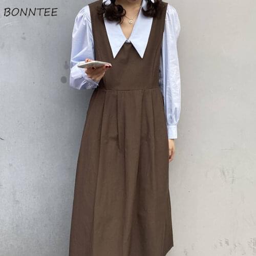 Dress Women Simple Japanese Brown Vintage Students All-match Clothing Mid-calf Folds Harajuku Lovely Preppy Style Retro Elegant