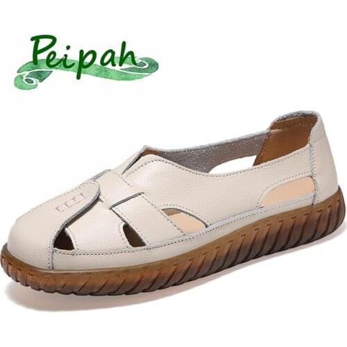 PEIPAH Hollow out Slip On Gladiator Sandals Ladies Genuine Leather Shoes for Women Retro Cover Heel Sandals Female Summer Shoes