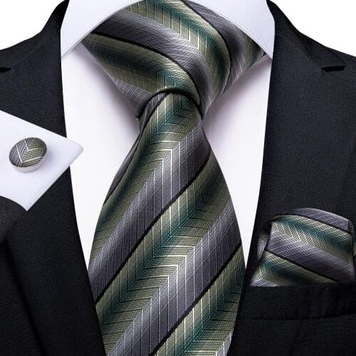 SJT-7236 DiBanGu Classic Green Gary Striped Tie for Men Hanky Cufflinks Ties 100% Silk Necktie Business Wedding Party Tie Set