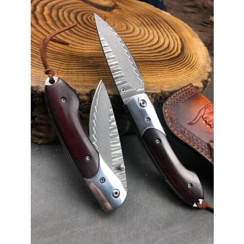 Tactical 60HRC with Damascus Steel Fixed Blade Sandal Wood Handle Folding Knife Survival Hunting Outdoor EDC Tools