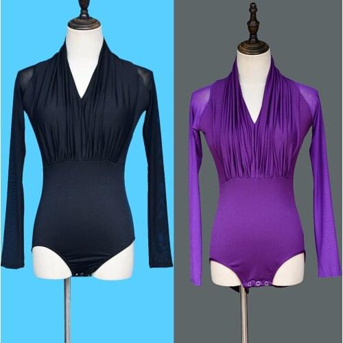 Latin Dance Tops Adult Ballroom Tango Tap Dance Top Fringe Bodysuit Latin Shirts Competition Costume Practice Black/Purple Tops