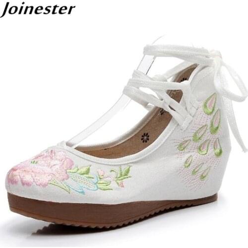 Summer Autumn Women High Heel Ankle Strap Wedges Ladies Ethnic Flower Embroidery Platform Shoes Dress Pumps Vintage Mary Jane