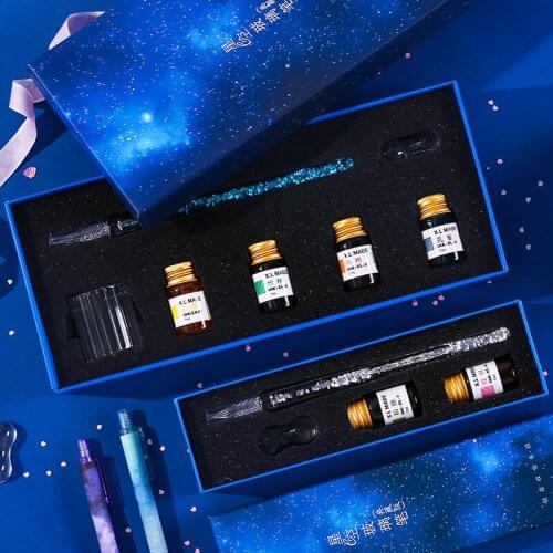Creative Quicksand Glass Pen Student Glass Dip Pen Set Crystal Pen Ink Dip Pen Blue Gift Box Caligraphy Pen Art Supplies