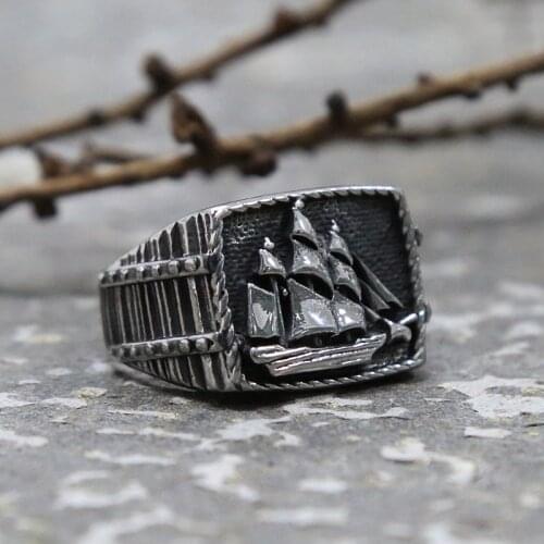 Unique Pirate Sailboat Ring Men Stainless Steel Nordic Viking Ring Vintage Gothic Punk Signet Ring Good Luck Sailor Jewelry